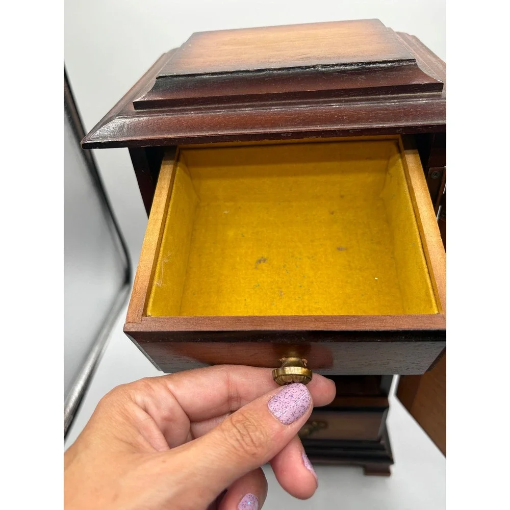 Vintage Wooden Jewelry Box Armoire Sunset Scene Music Box Cabinet 3 Drawers